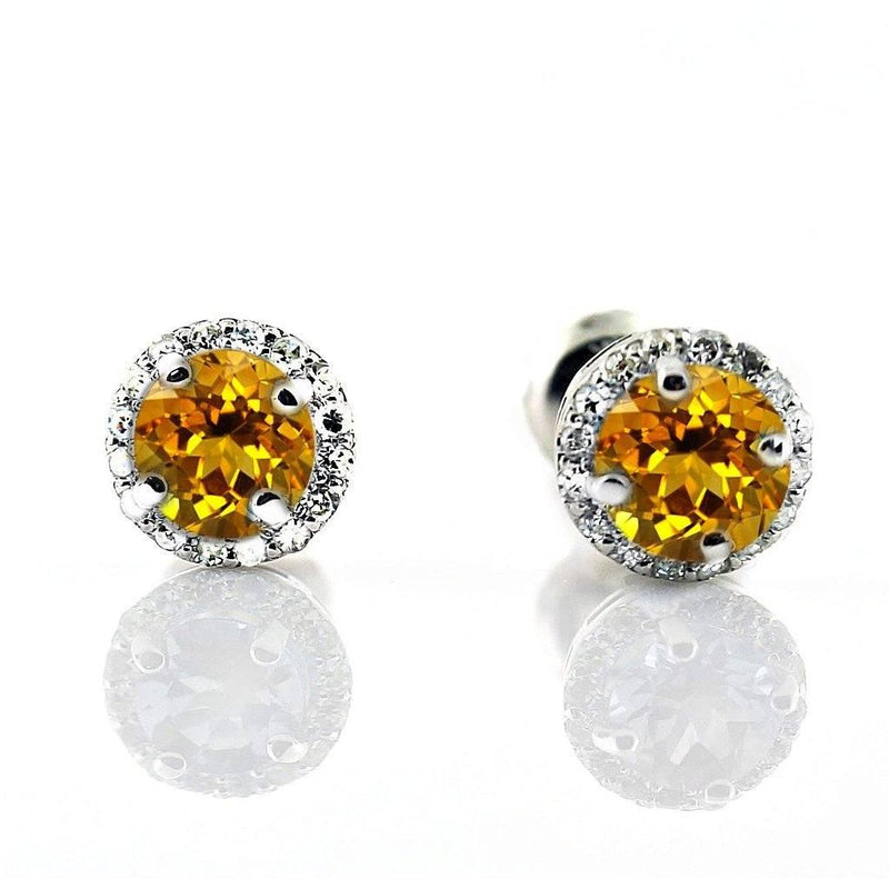 Diamond Halo Citrine Stud Earrings in 18K White Gold Screw Back - Thenetjeweler