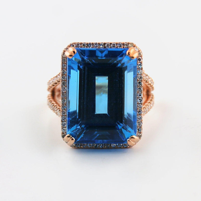 Blue Topaz Diamond halo ring 14K Pink Gold - Thenetjeweler