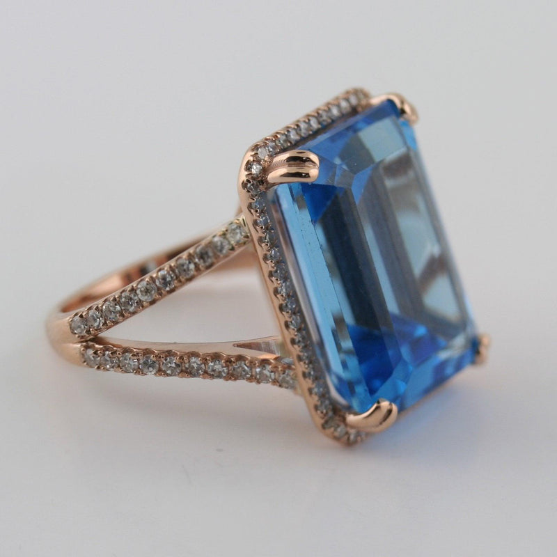 Blue Topaz Diamond halo ring 14K Pink Gold - Thenetjeweler