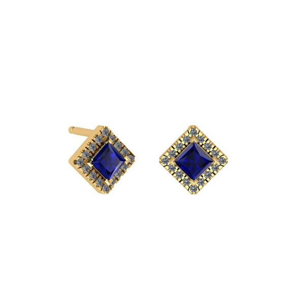 Square Blue Sapphire Stud Earrings with Diamond Halo - Thenetjeweler