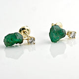 Rough Emerald and Diamond Stud Earrings 14K Yellow Gold - Thenetjeweler