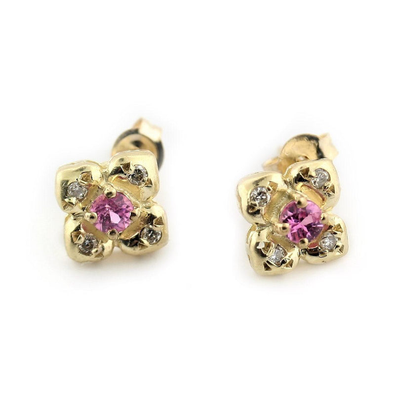 Small Gold Flower Stud Earrings 10K Pink Stone - Thenetjeweler