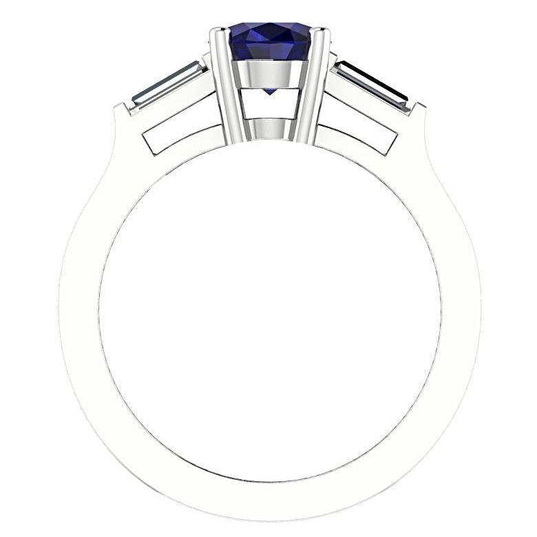 Oval Sapphire with Diamond Baguette Side Stones Ring 14K White Gold - Thenetjeweler