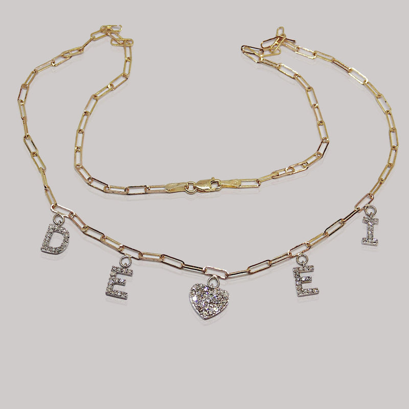 Diamond initials D, E, I and heart Pendant Family necklace - Thenetjeweler
