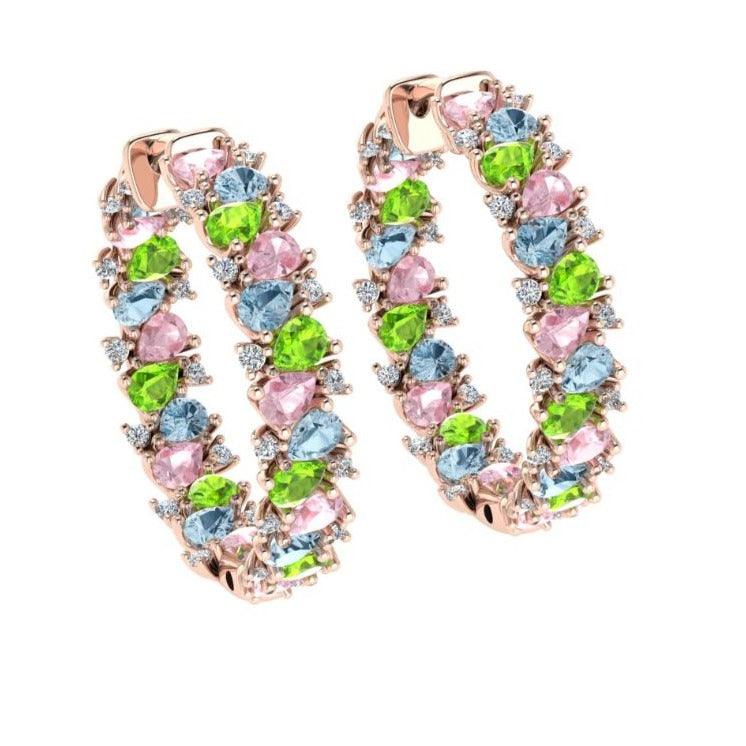 Multi Gemstone and Diamond Hoop Earrings 14K Rose Gold - Thenetjeweler