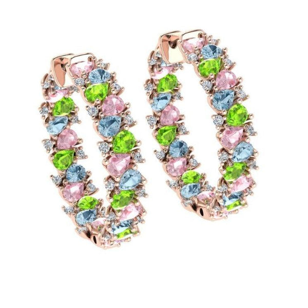 Multi-Colored Gemstone and Diamond Hoop Earrings - Thenetjeweler