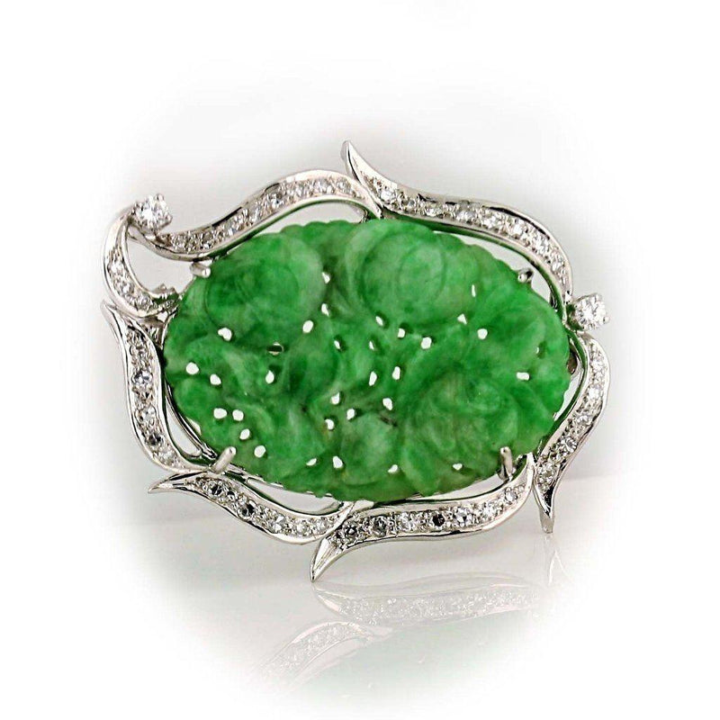 Natural Carved Jade and Diamond Brooch 14K White Gold - Thenetjeweler