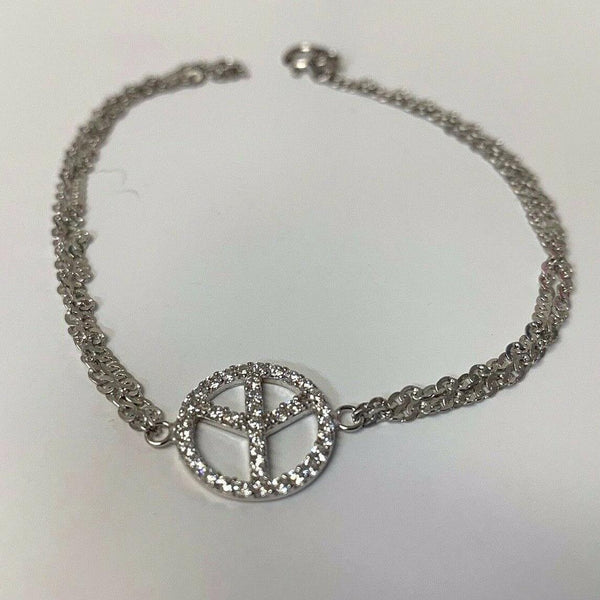 Peace Sign Charm Sterling Silver Double Chain Bracelet - Thenetjeweler