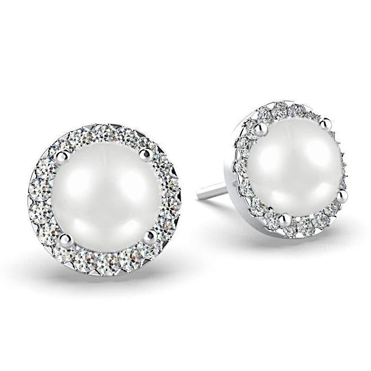 Diamond Pearl Halo Stud Earrings 18K White Gold - Thenetjeweler