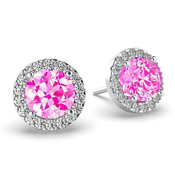 Diamond Pink Tourmaline Halo Stud Earrings 18K White Gold - Thenetjeweler