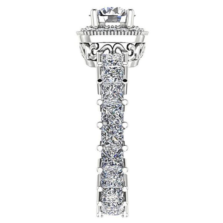 Round Diamond Halo with Princess Cut Side Stones Engagement Ring 18K White Gold - Thenetjeweler