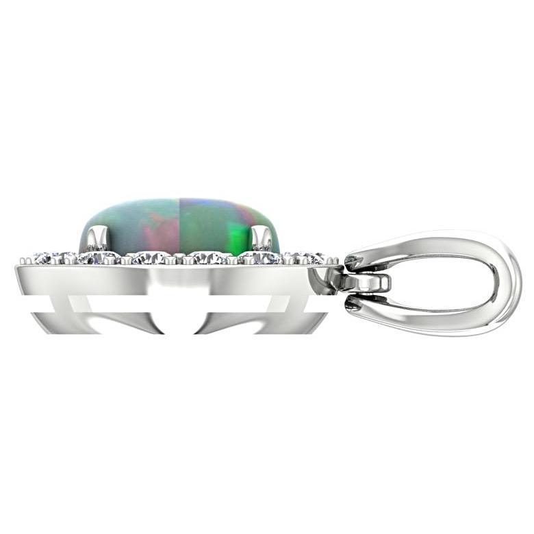 Opal and Diamond Halo Pendant Necklace 14K White Gold - Thenetjeweler