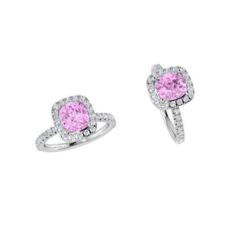 Pink Sapphire Diamond Cushion Halo Ring - Thenetjeweler