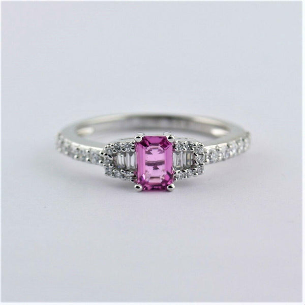 Emerald Cut Pink Sapphire Engagement Ring with Diamonds 14K White Gold - Thenetjeweler