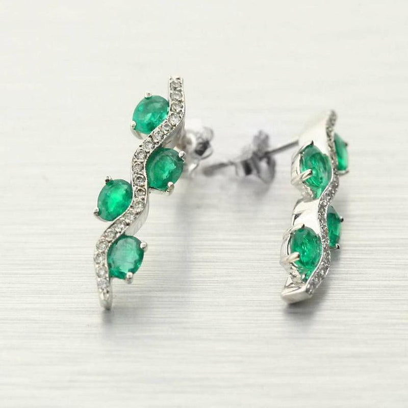 Emerald and Diamond White Gold Earrings - Thenetjeweler