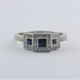 Square Halo Sapphire and Diamond Three Stone Ring 14K White Gold - Thenetjeweler
