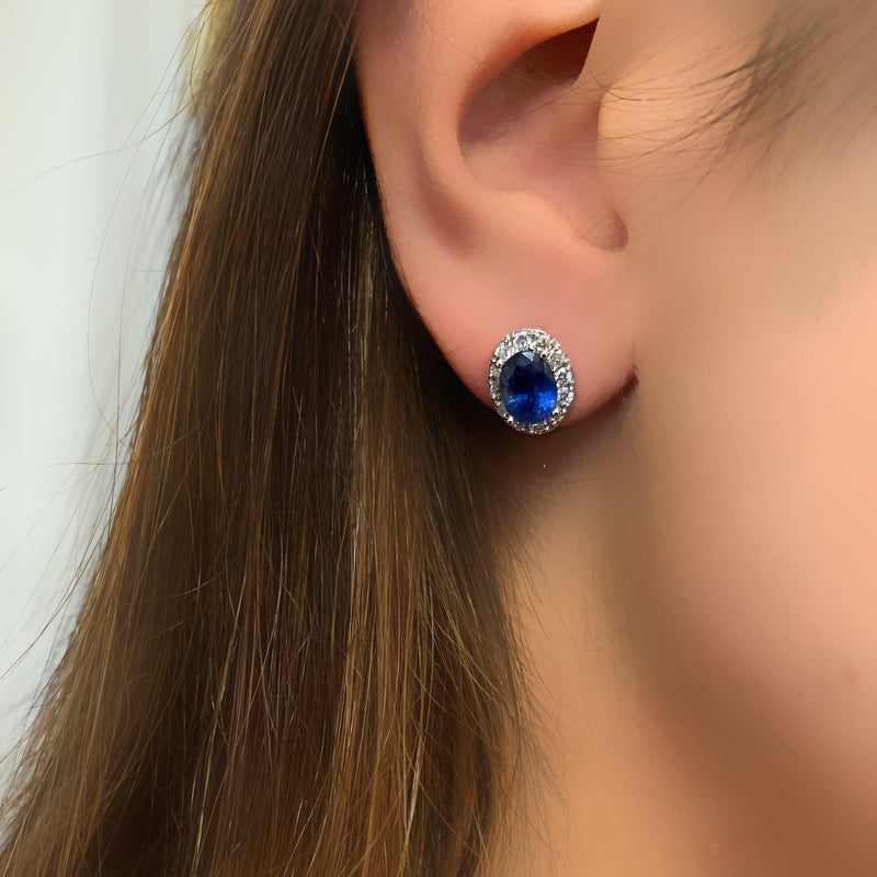 Oval Sapphire and Diamond Halo Stud Earrings - Thenetjeweler