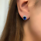 Oval Sapphire Diamond Halo Stud Earrings White Gold - Thenetjeweler