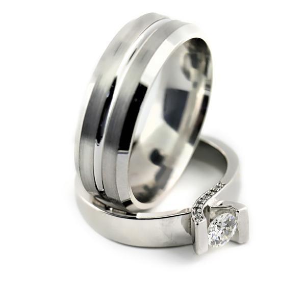 Tension Setting Engagement Ring and Men's Wedding Band Set - Thenetjeweler