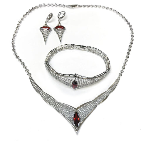 Silver Necklace Earrings Bracelet Set Garnet CZ - Thenetjeweler