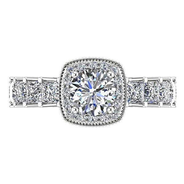 Round Diamond Halo with Princess Cut Side Stones Engagement Ring 18K White Gold - Thenetjeweler