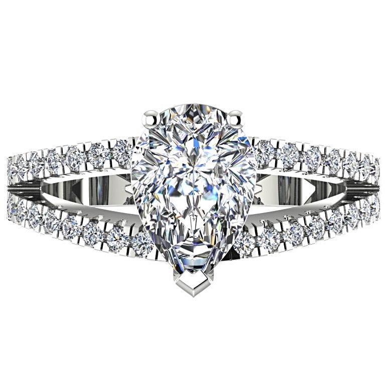 Pear Diamond Split Shank Engagement Ring with Side Stones 18K White Gold - Thenetjeweler