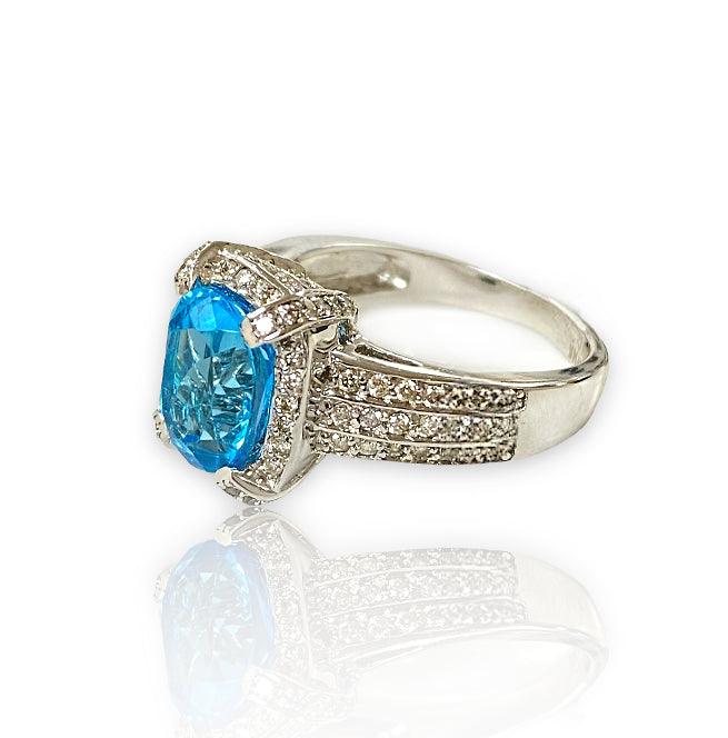 Blue Topaz Diamond Halo Ring - Thenetjeweler